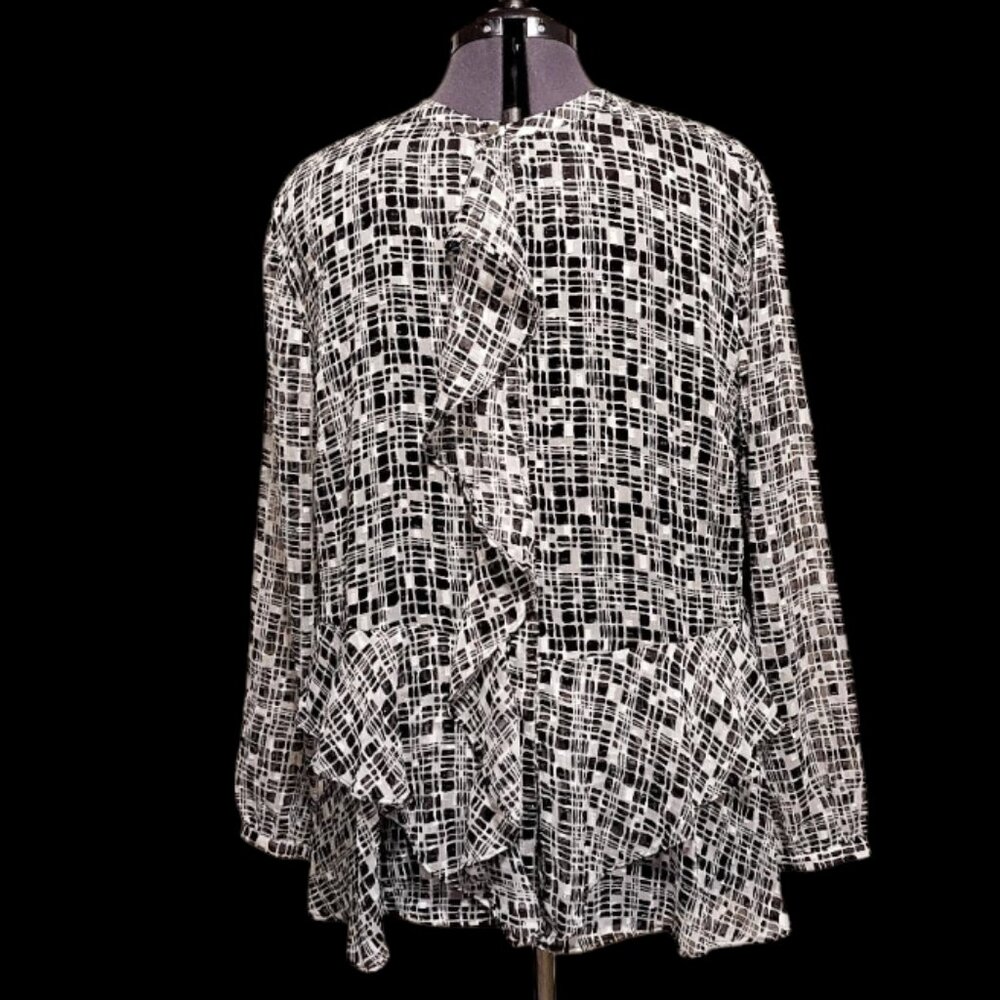 CHICO’S WOMENS SHEER PEPLUM RUFFLE BLOUSE BLACK WHITE GOLD METALLIC SZ 20
